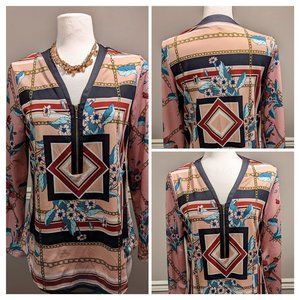 Nanette Lepore Size S Floral Maroon Pink Black Abstract Top Blouse